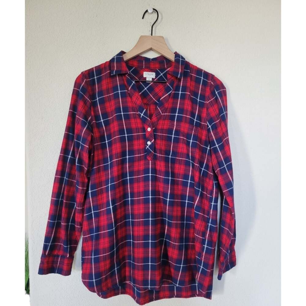 J.Crew Flannel Popover Top Plaid Size Small Red Navy